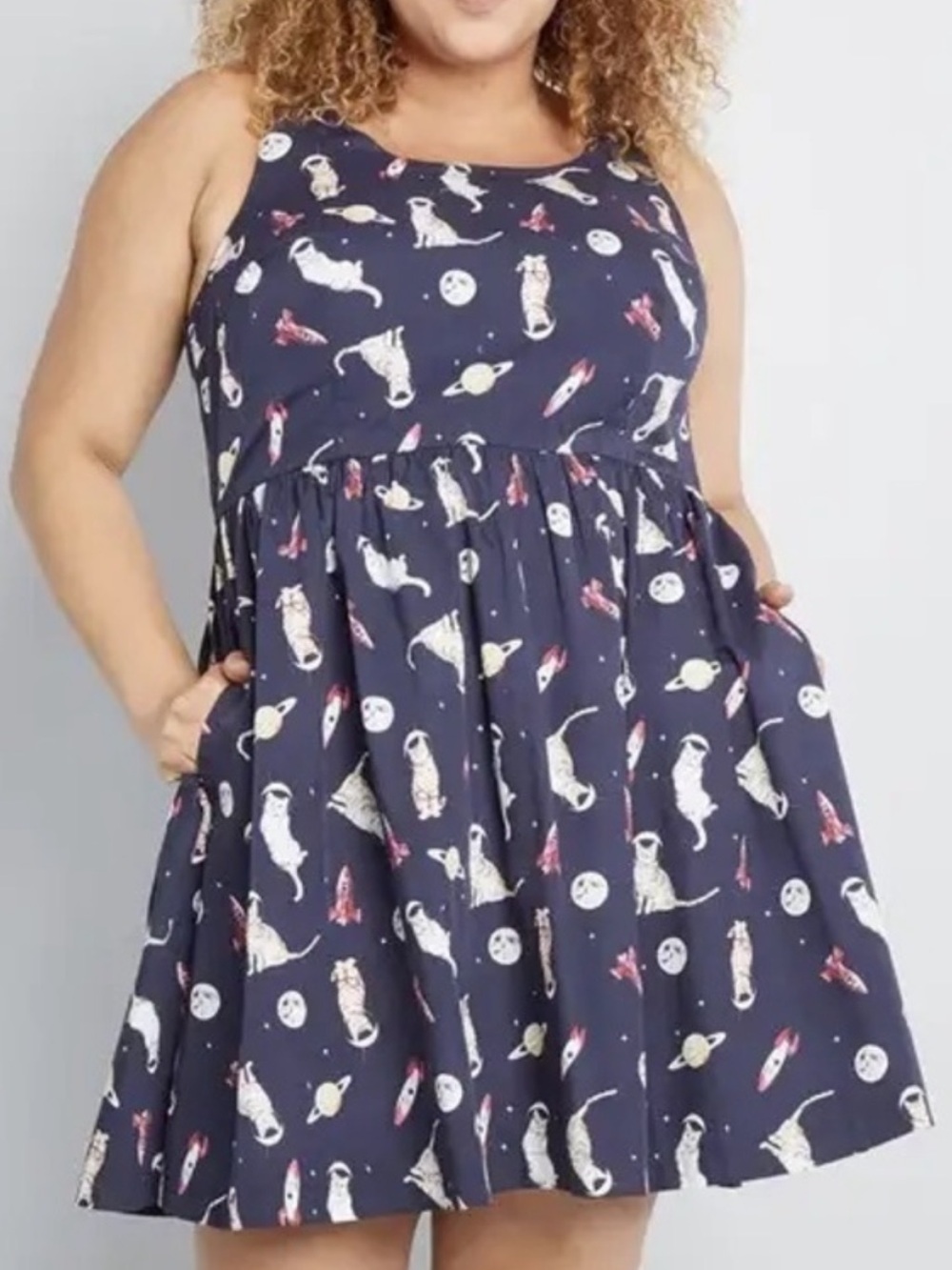 ModCloth EUC Space Cats Sleeveless Dress 2x. Pockets!